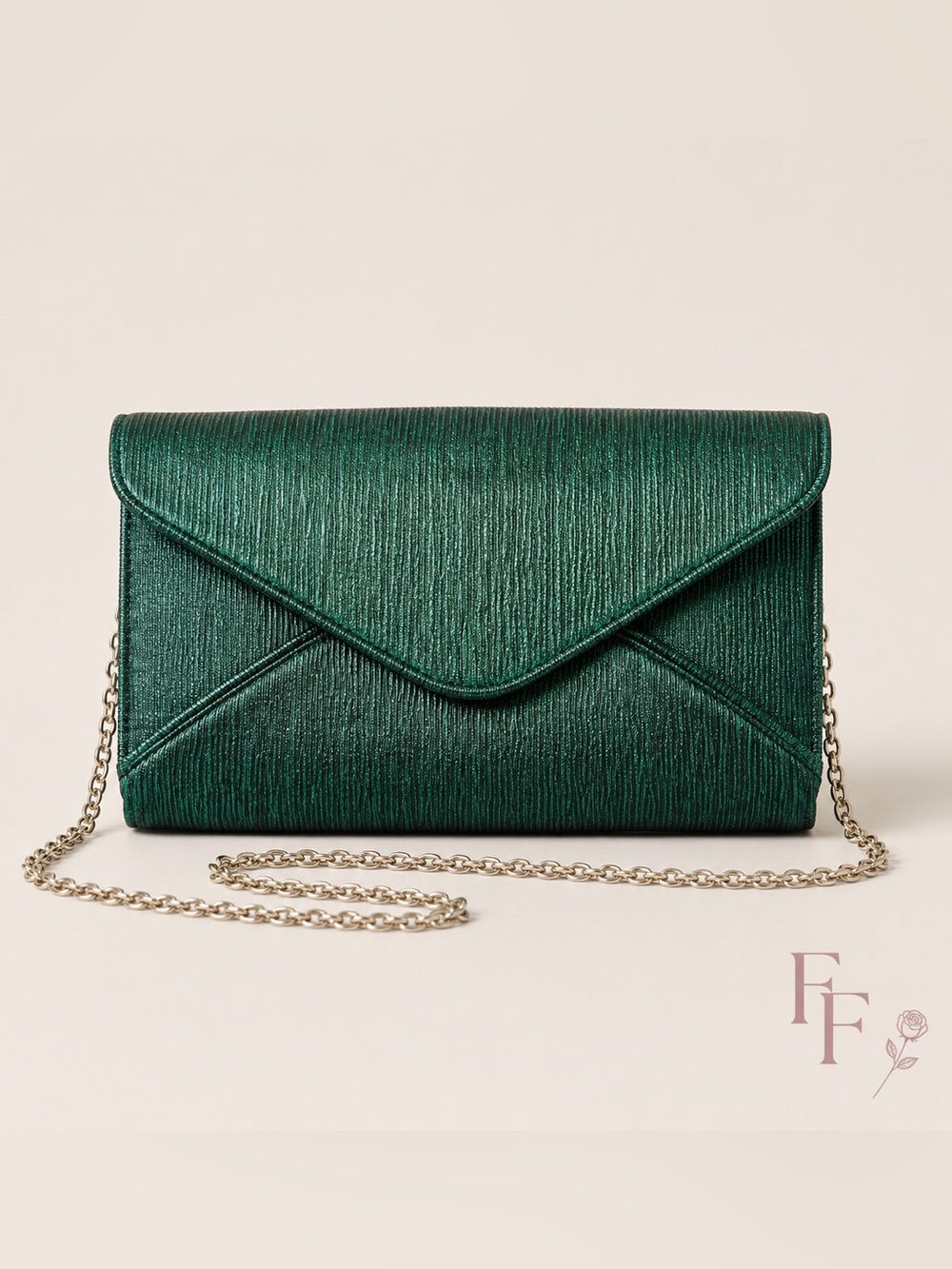 NWT Estee & Lilly Emerald Green Metallic Envelope Clutch Chain Strap Evening Bag